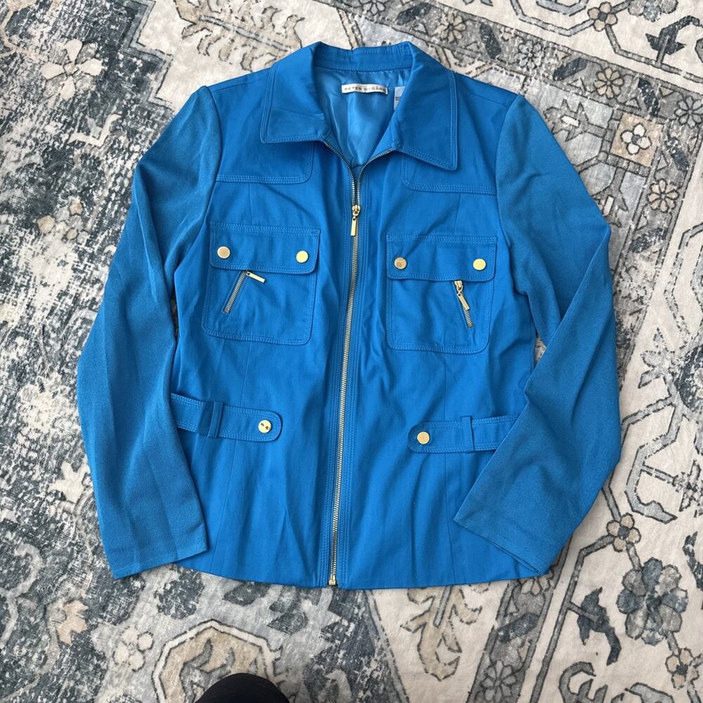Peter Nygard Teal Utility Jacket M Zip Front Stretch Cotton Modern Career